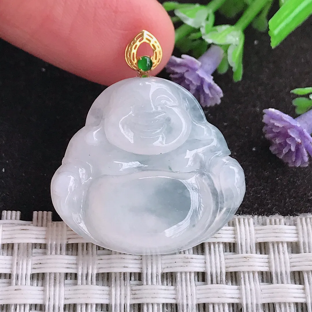 天然A货翡翠23.2/25.3/4.7老坑18k金镶嵌冰透起胶佛公吊坠翡翠玉佛