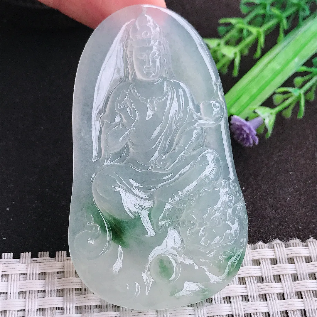 天然a货翡翠67.6/40.2/5.7老坑冰种起胶冰飘花文殊菩萨吊坠翡翠玉观音挂件