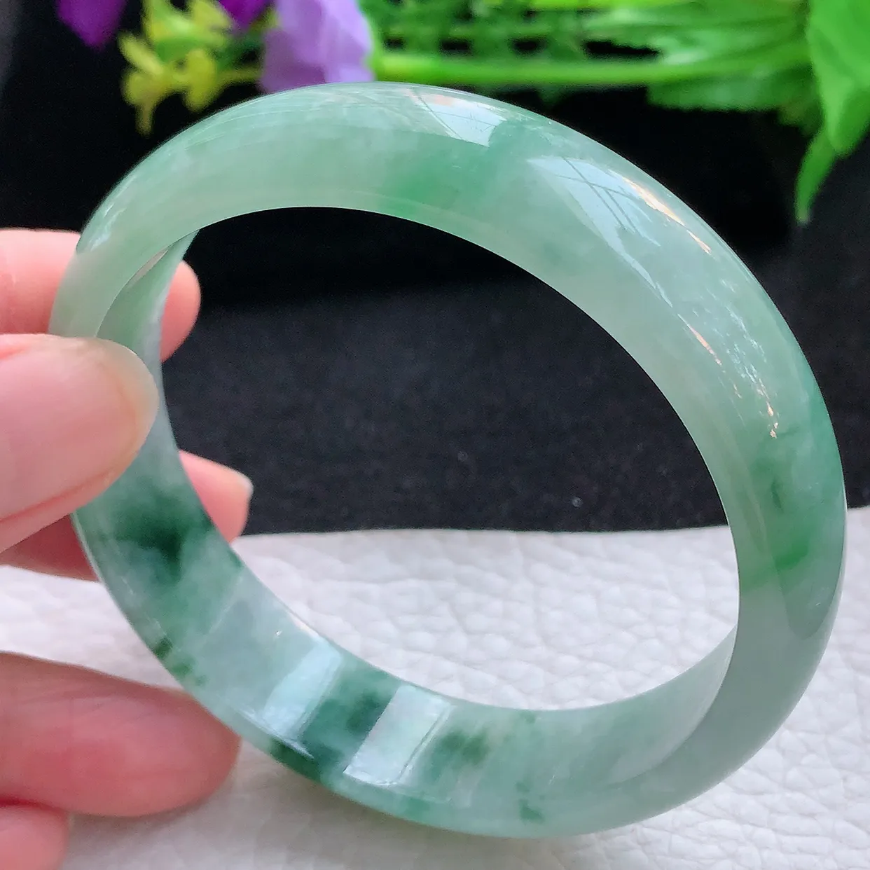hh大圈口60*15*6.3轮胎镯 翡翠a货玉手镯飘花宽边珠宝玉手环