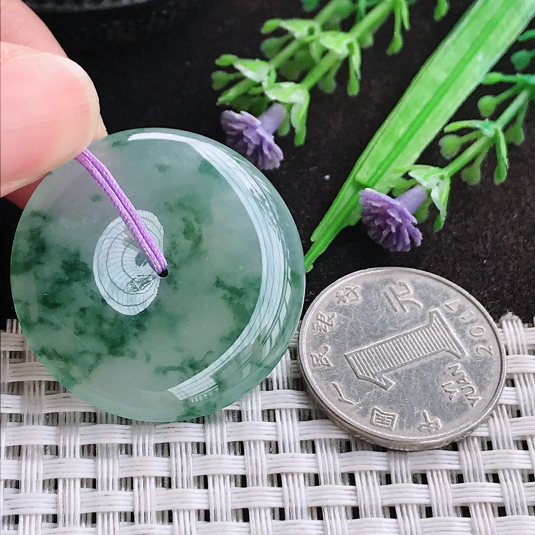 天然A货翡翠34.3/5.6老坑冰胶果冻冰飘花平安扣吊坠翡翠玉扣挂件