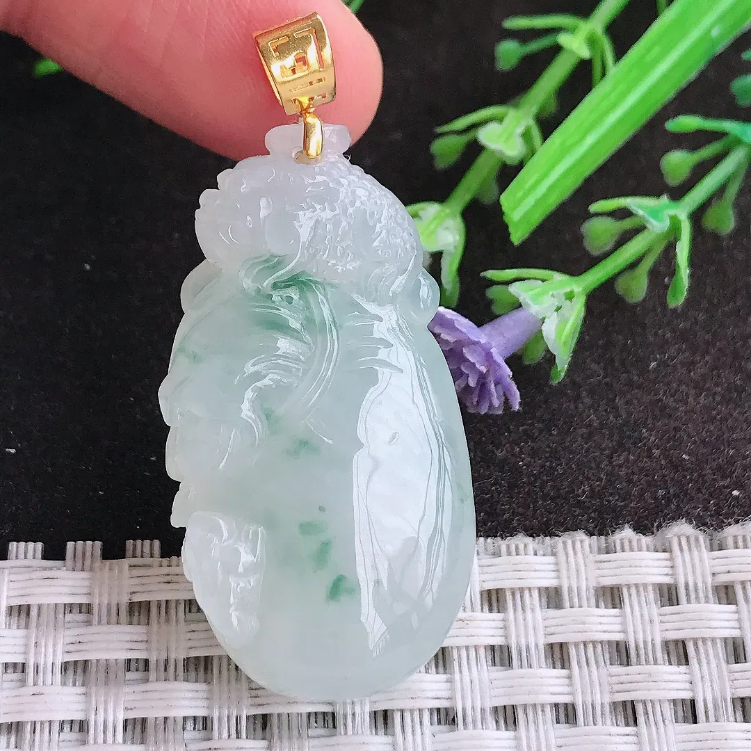 天然A货翡翠38.5/20.5/9.7老坑18k金镶嵌冰胶果冻飘花袋袋有钱钱袋子吊坠翡翠福袋挂件