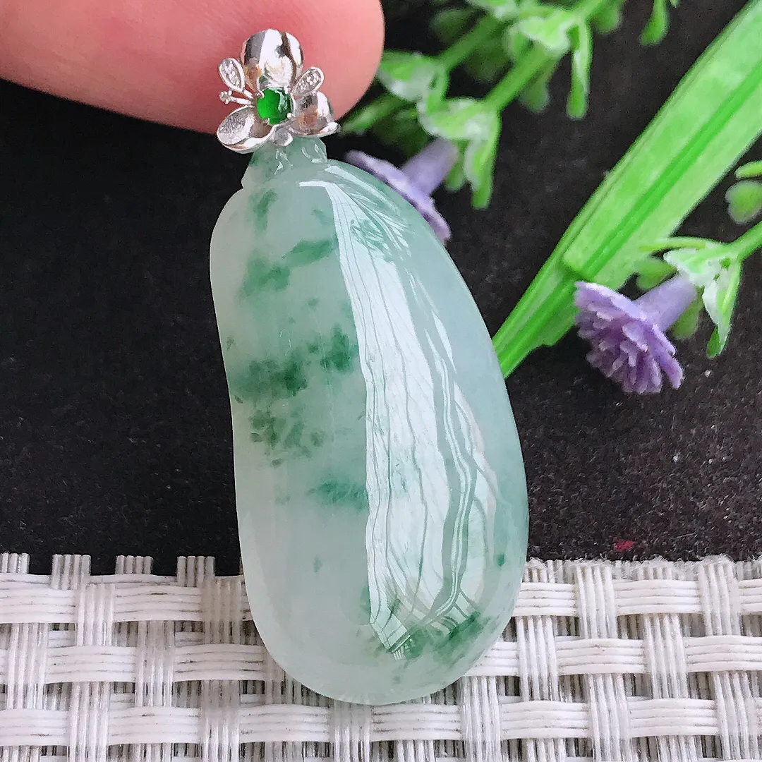 天然A货翡翠37/19.6/7.5老坑18k金镶嵌冰胶果冻飘花福瓜吊坠翡翠挂件