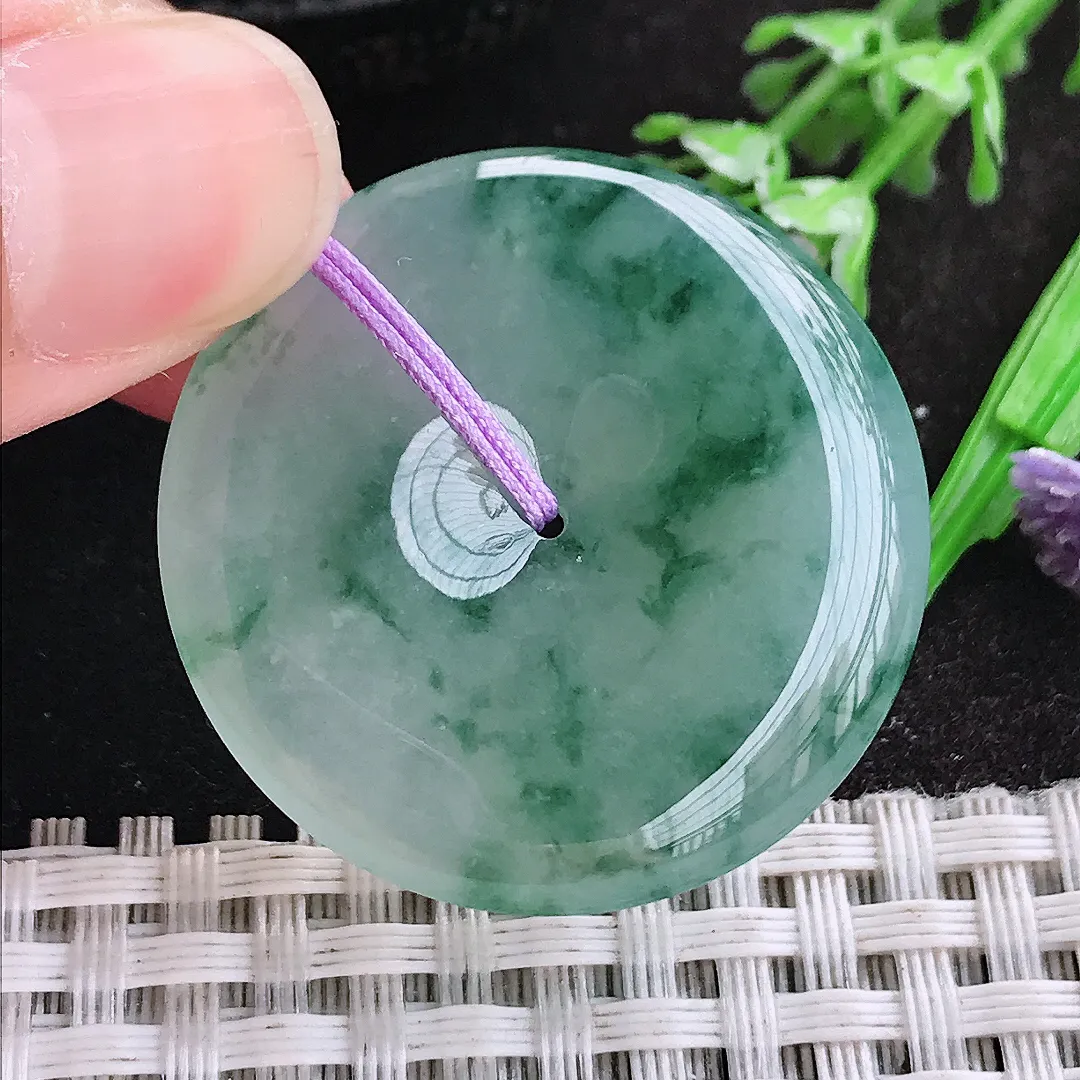 天然A货翡翠34.3/5.6老坑冰胶果冻冰飘花平安扣吊坠翡翠玉扣挂件