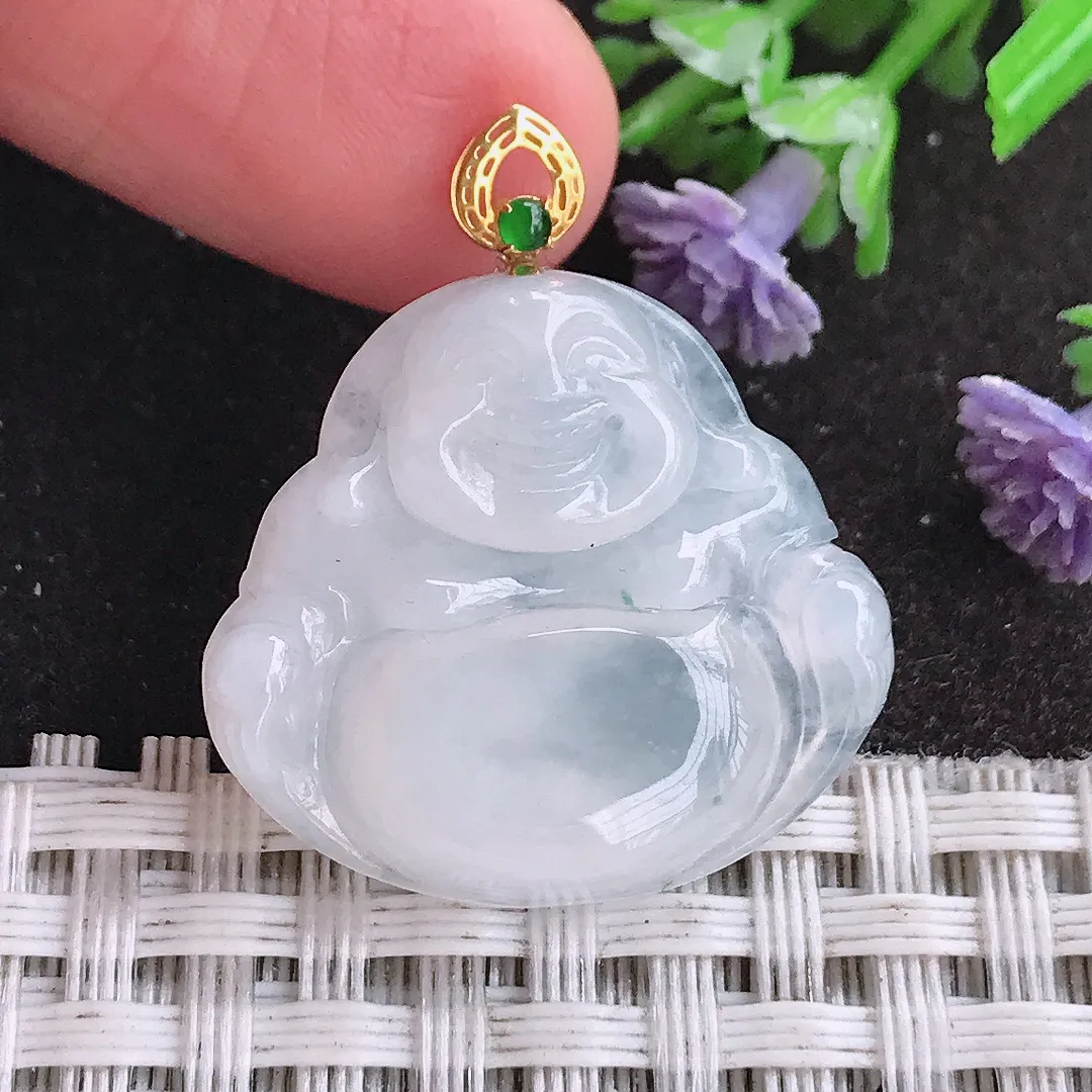 天然A货翡翠23.2/25.3/4.7老坑18k金镶嵌冰透起胶佛公吊坠翡翠玉佛