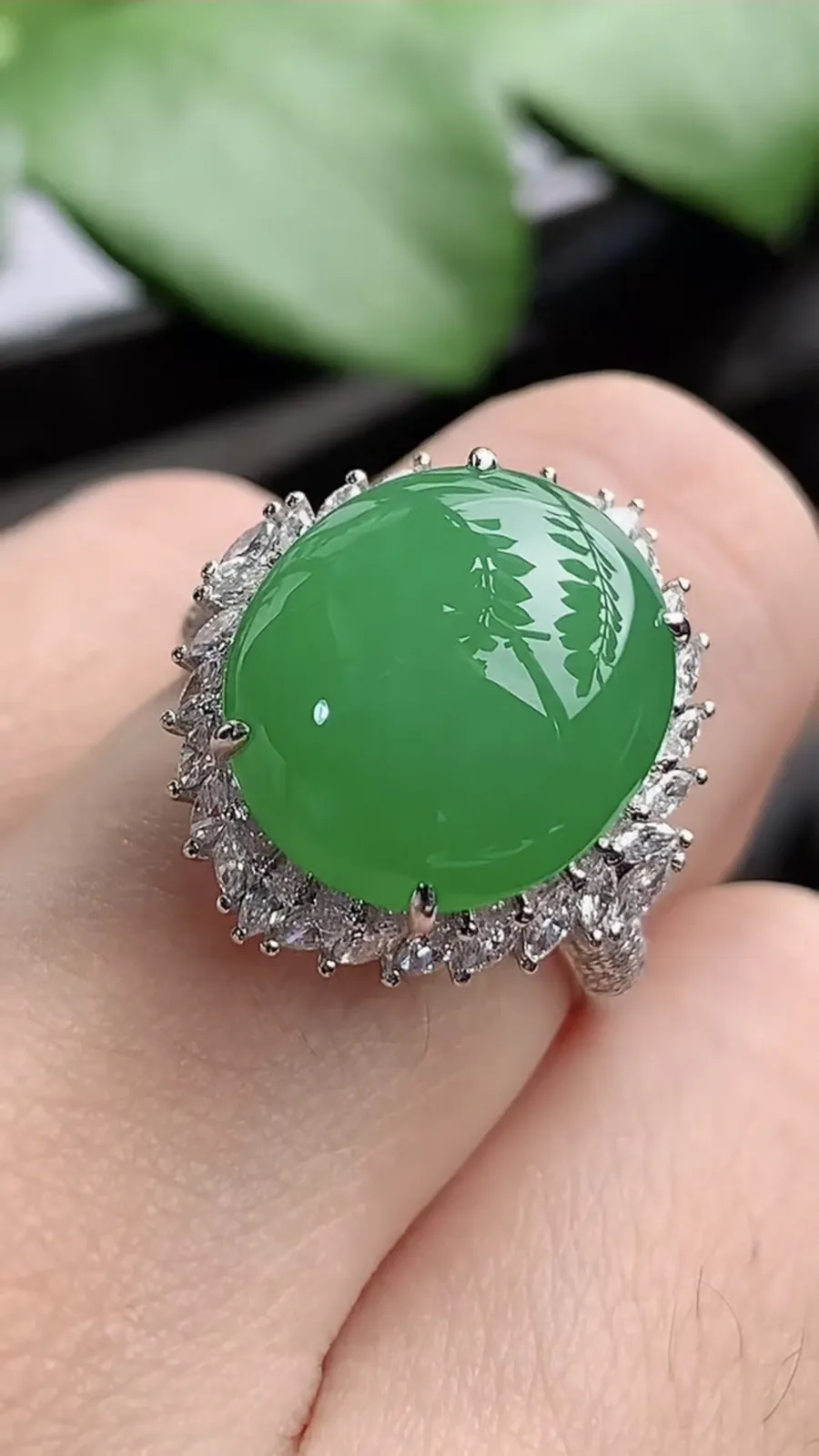 a货翡翠老坑冰种18K金伴钻镶嵌阳绿蛋面戒指 圈口17.4裸石尺寸14×12.3mm 重量5.78g 1206