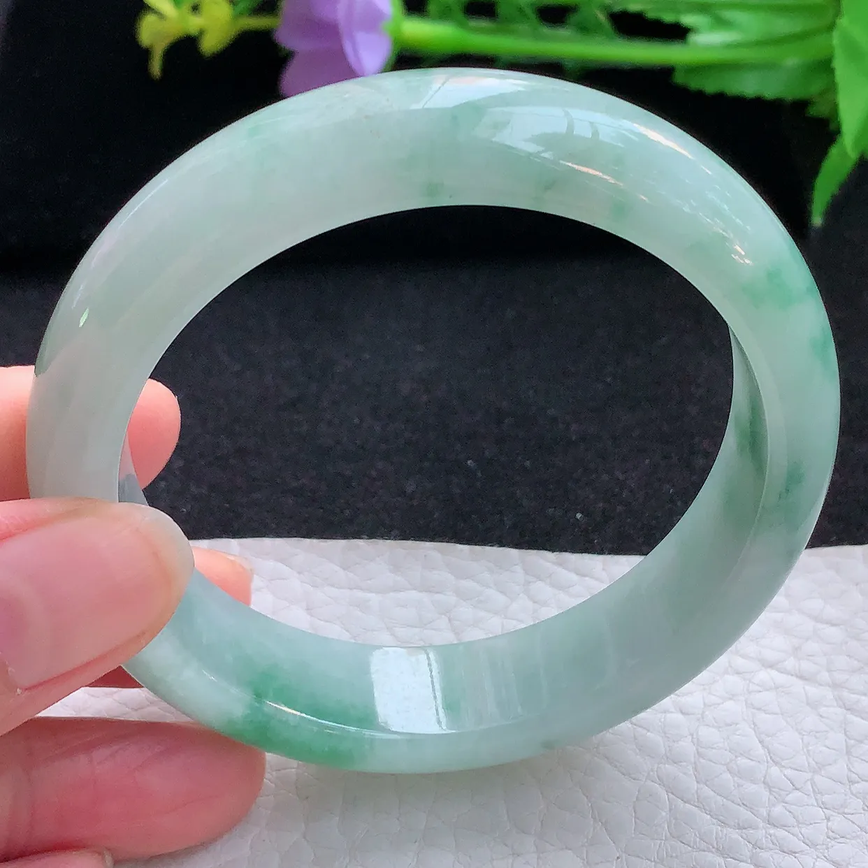 hy自然光58*14.5*8.5平安镯 翡翠a货玉手镯飘花宽边珠宝玉手环