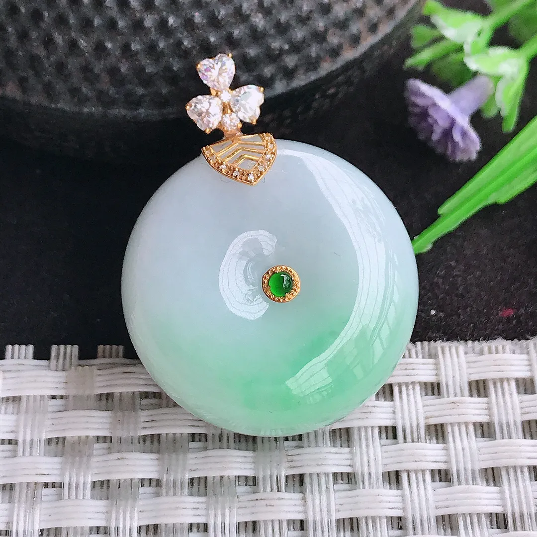 天然A货翡翠25.3/12.4老坑18k金镶嵌温润飘绿平安扣转运珠吊坠翡翠挂件