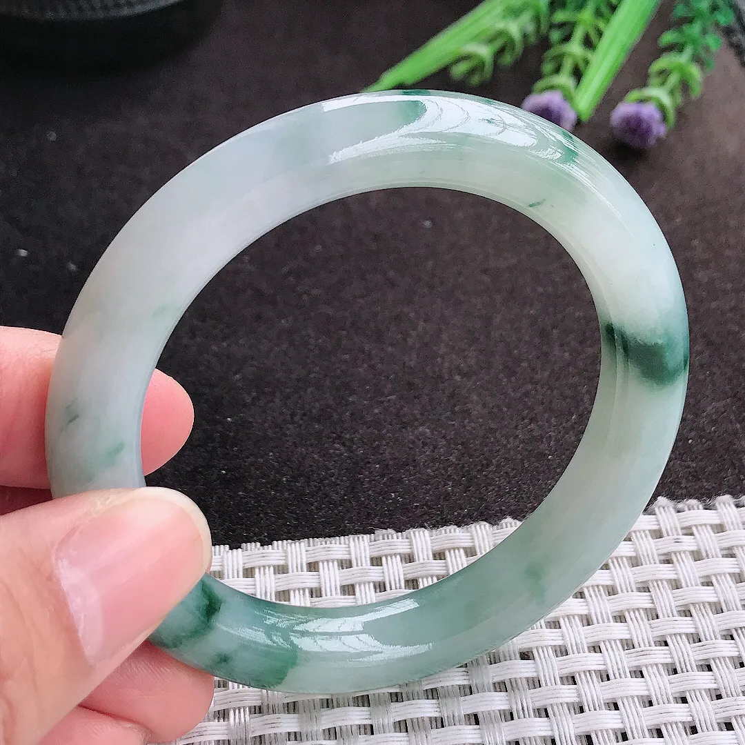 天然A货翡翠53/10.5/9.5老坑精美冰润飘花圆条手镯玉镯