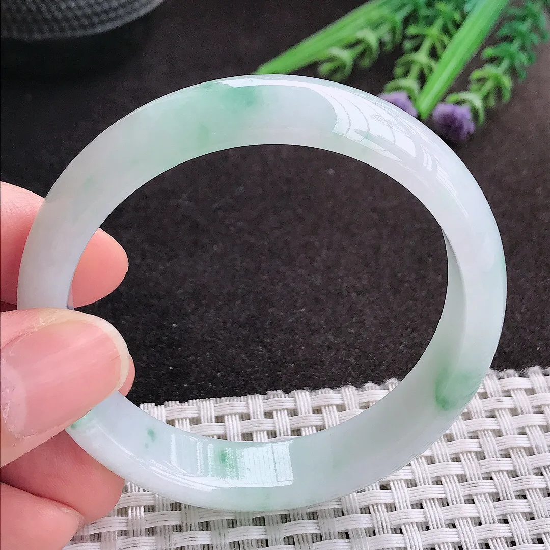 天然A货翡翠55/13.5/7.2老坑秀气冰曲目起胶飘花手镯宽边玉镯