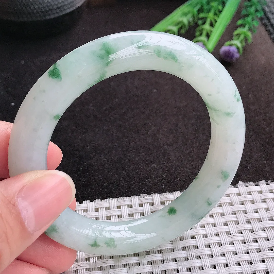 天然A货翡翠54/10.8/10.8老坑冰润起胶飘花圆条手镯玉镯
