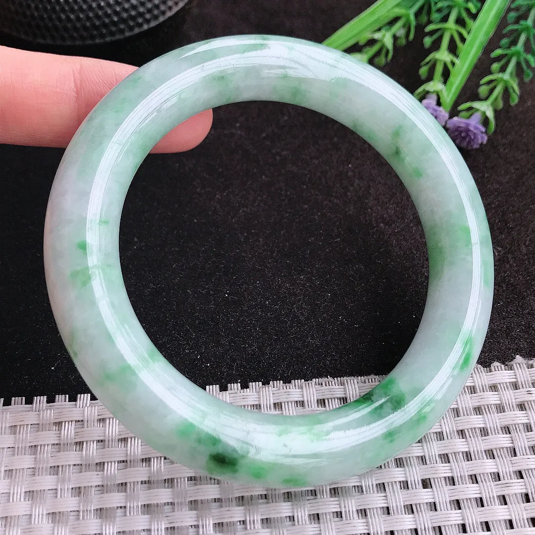 天然A货翡翠59/12.2老坑精美温润飘绿胖圆条手镯玉镯