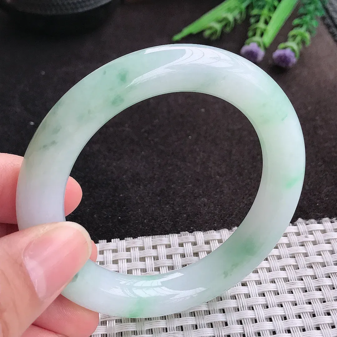 天然A货翡翠54/11.5/11老坑冰胶水灵飘花圆条手镯玉镯