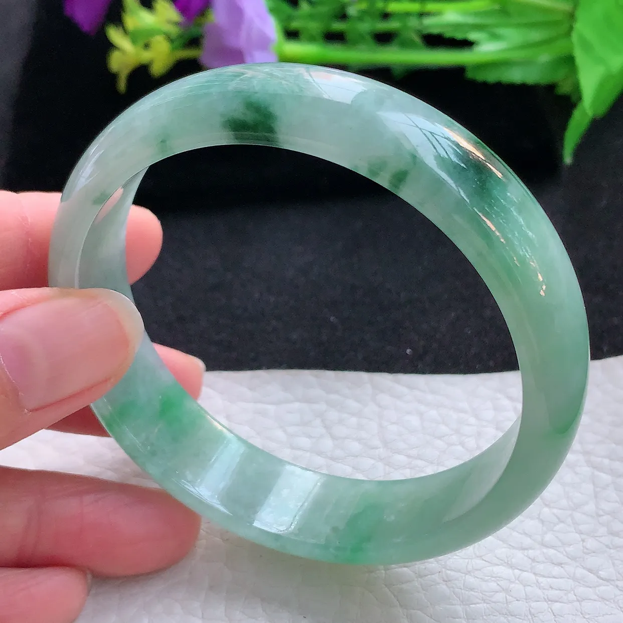 hh大圈口60*15*6.3轮胎镯 翡翠a货玉手镯飘花宽边珠宝玉手环