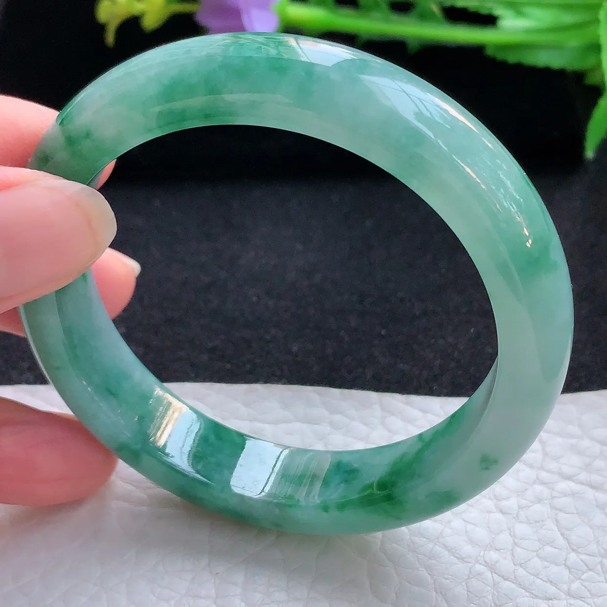 r自然光55*12.3*7.8平安镯 翡翠a货玉手镯冰飘花宽边珠宝玉手环