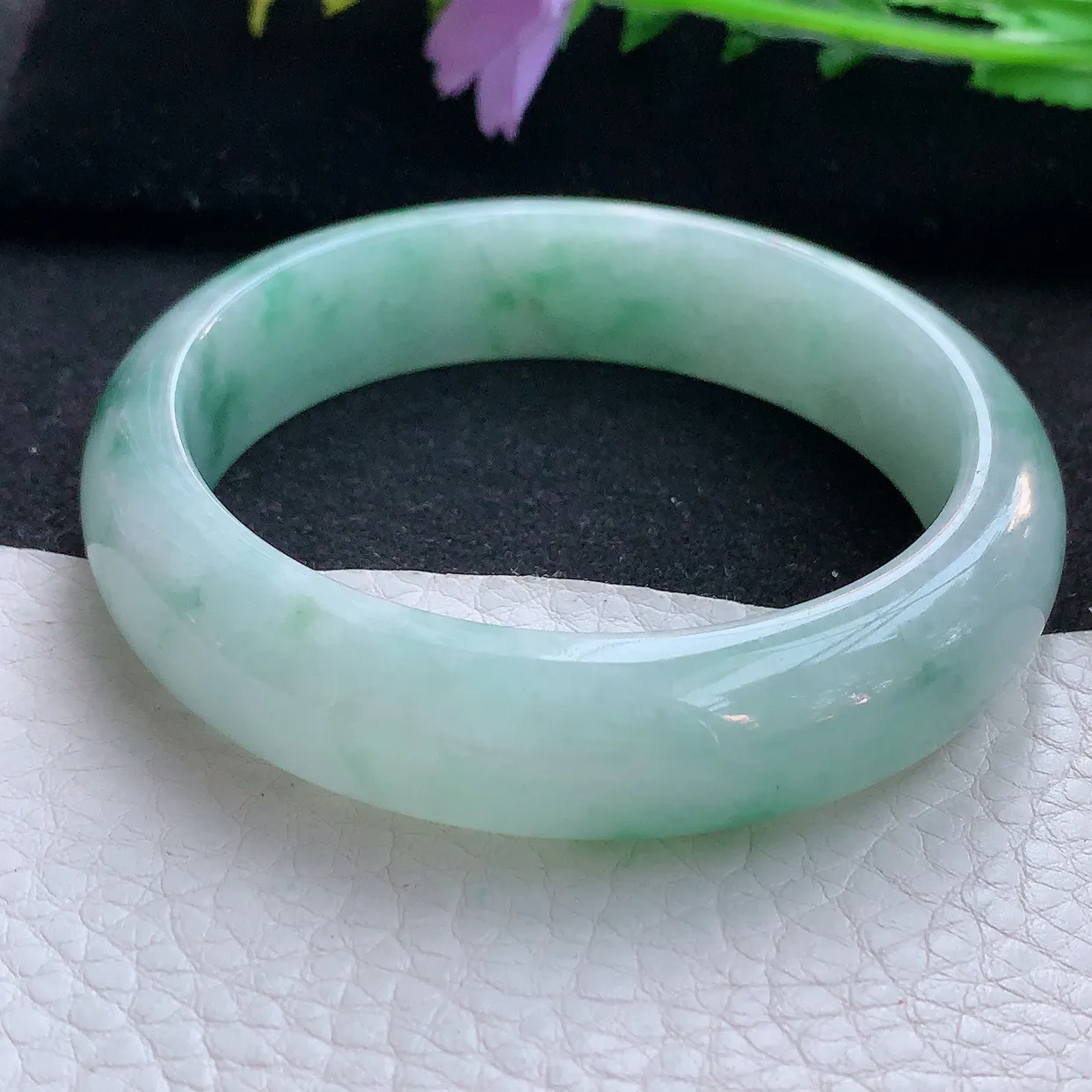 hy自然光58*14.5*8.5平安镯 翡翠a货玉手镯飘花宽边珠宝玉手环