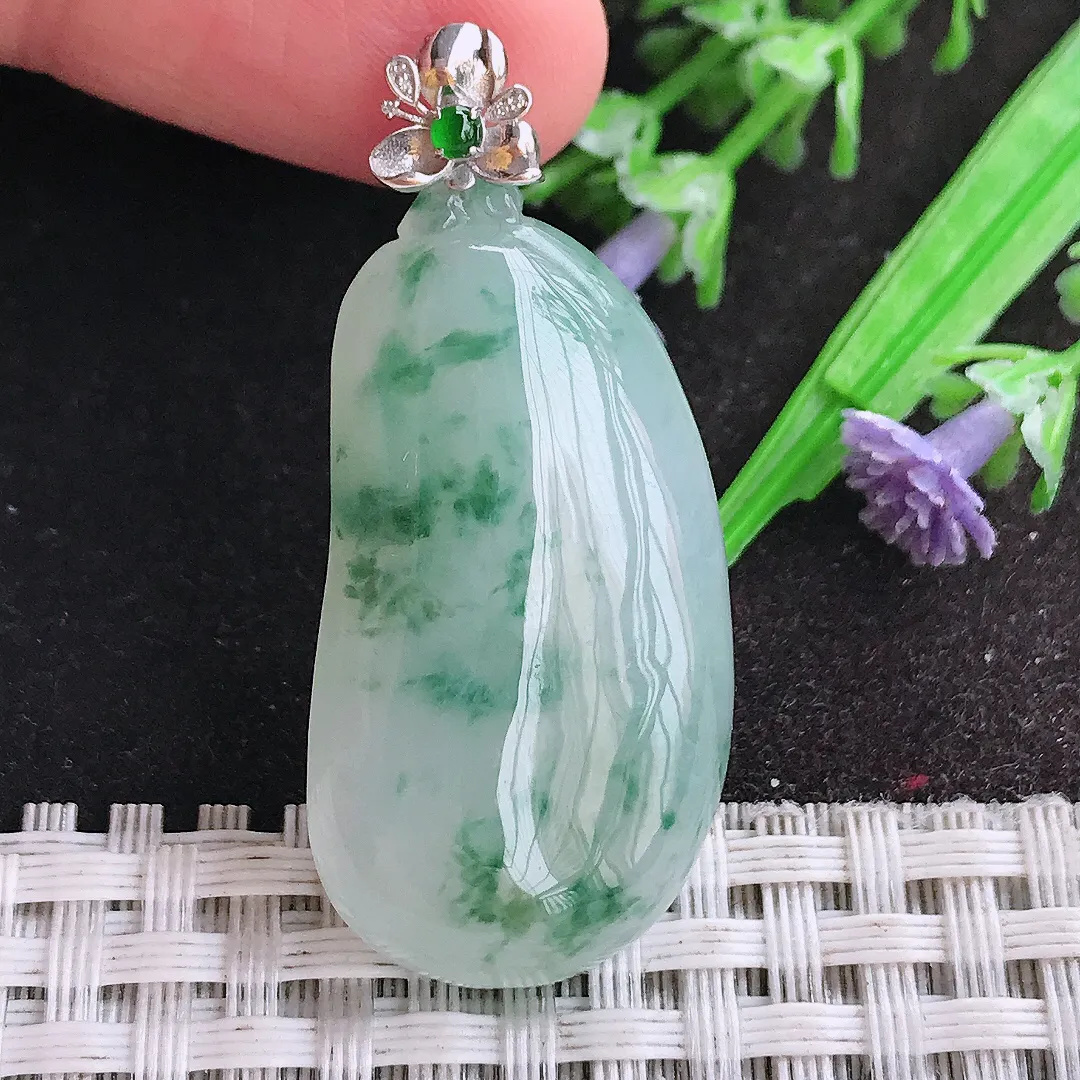 天然A货翡翠37/19.6/7.5老坑18k金镶嵌冰胶果冻飘花福瓜吊坠翡翠挂件