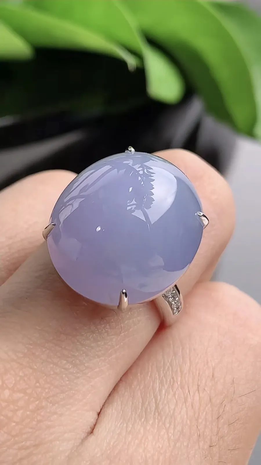 a货翡翠老坑冰种18K金伴钻镶嵌紫罗兰蛋面戒指 圈口17.8裸石尺寸18.4×16.2mm 重量8.77g 1208