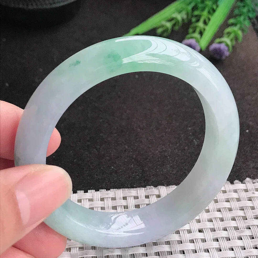 天然A货翡翠53/12.7/8.8老坑冰润起胶飘花手镯宽边玉镯