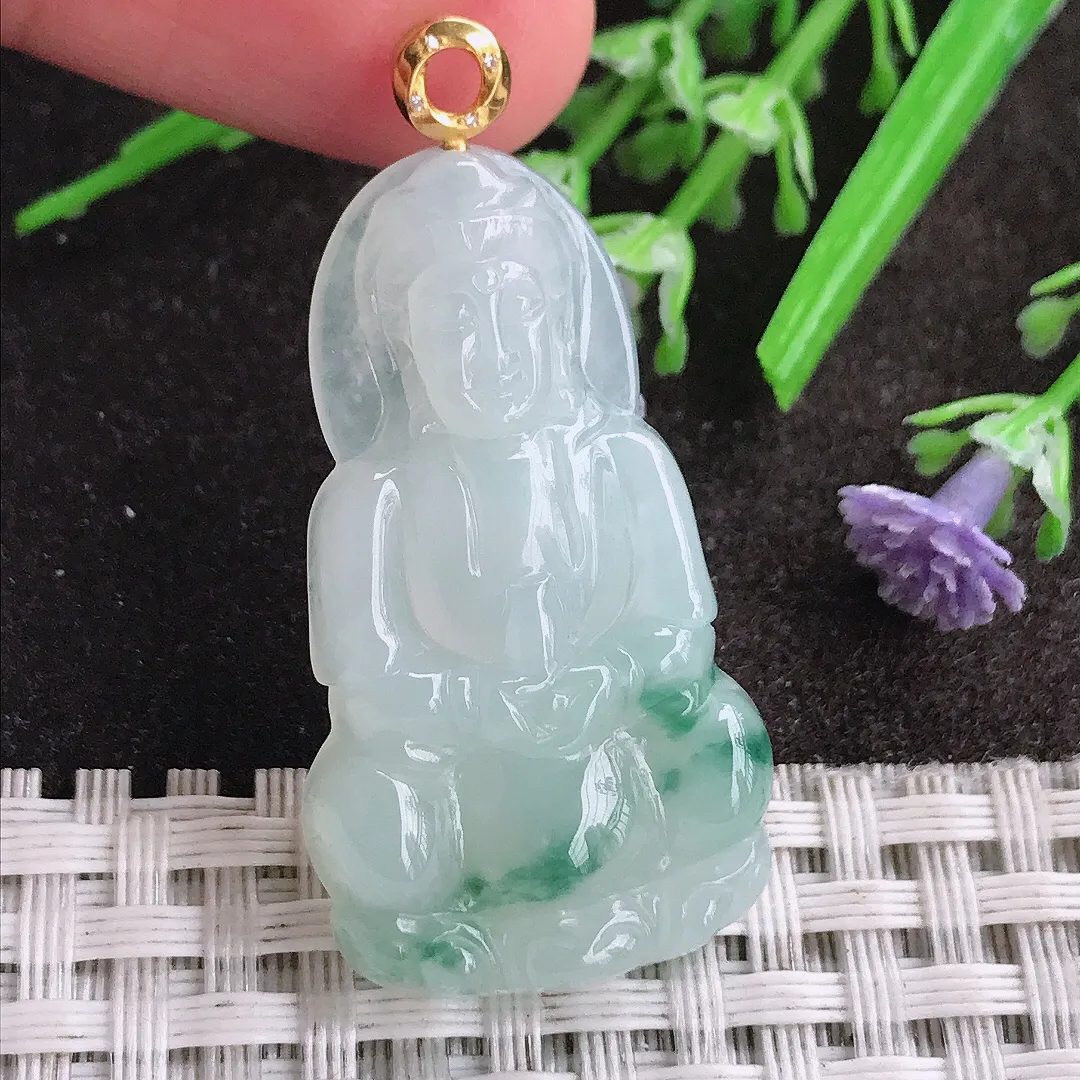 天然A货翡翠37.8/21.5/5.8老坑18k金镶嵌冰润飘花小观音吊坠翡翠挂件