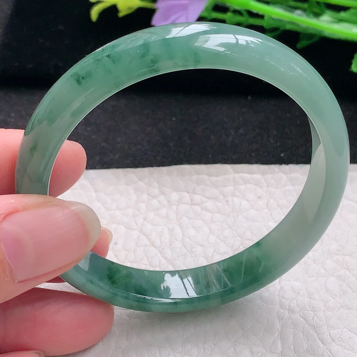 n自然光55*11.2*7.3平安镯 翡翠a货玉手镯冰飘花宽边珠宝玉手环