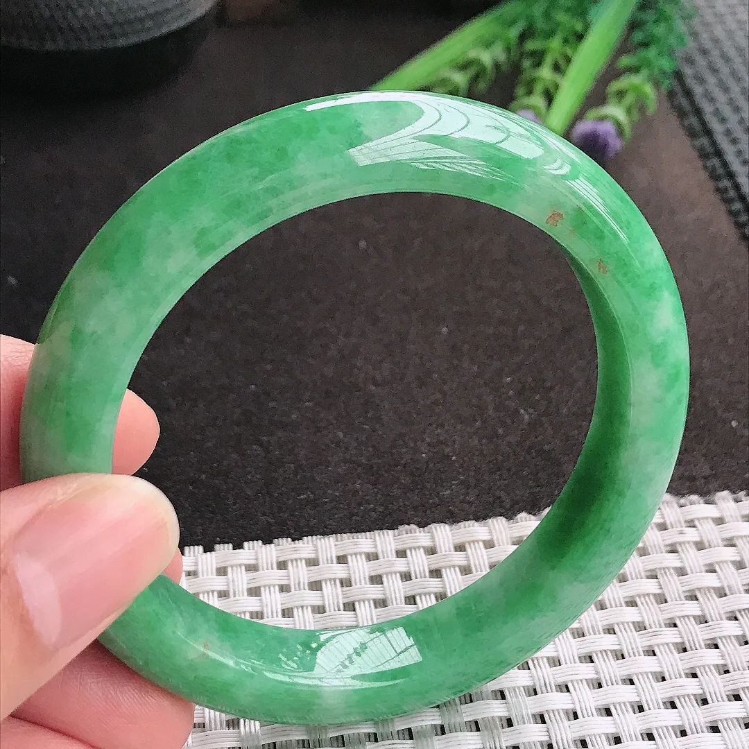 天然A货翡翠58.5/11.8/9.2老坑精美温润满绿手镯宽边玉镯