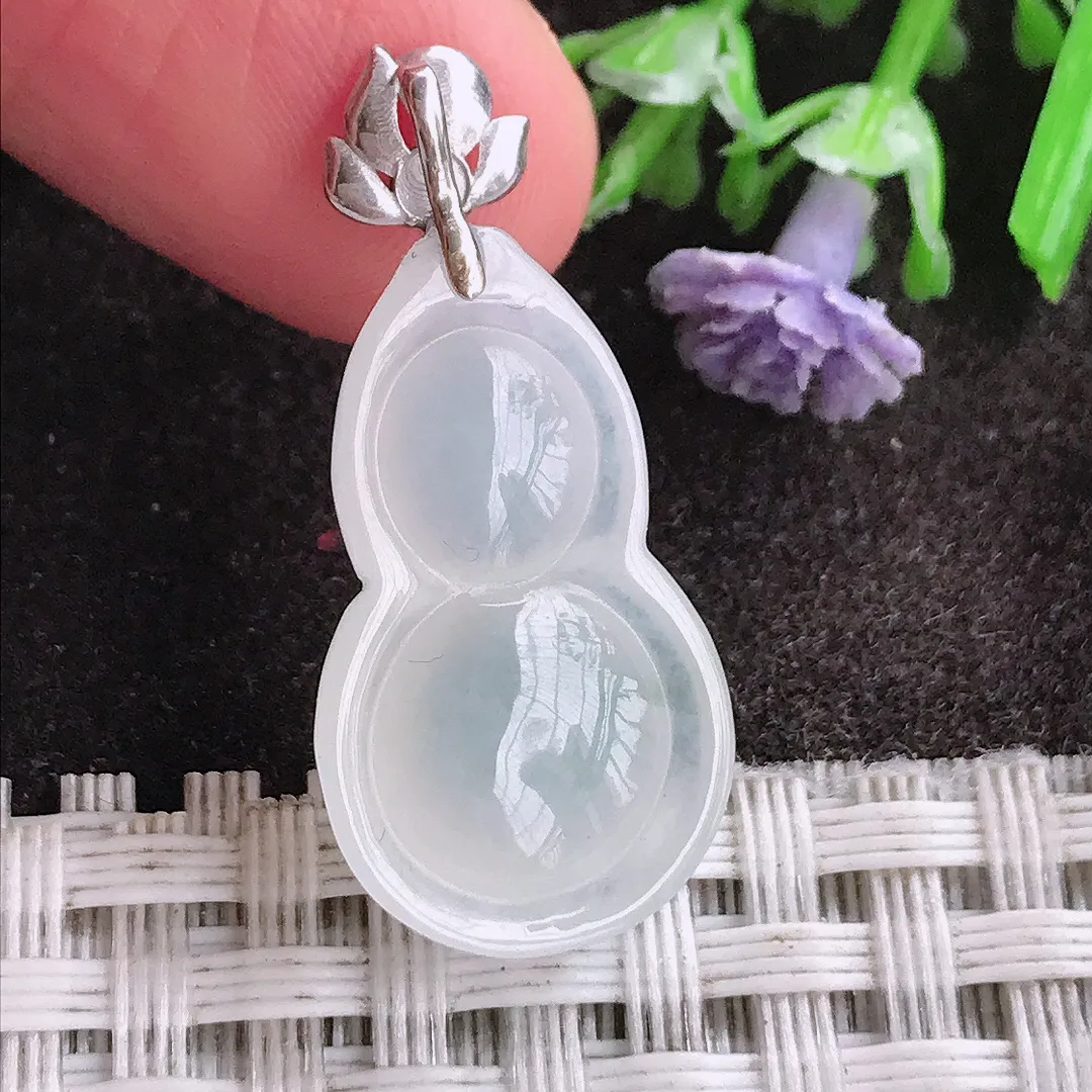 天然A货翡翠22.5/13.9/7老坑18k金镶嵌冰种起光葫芦吊坠翡翠挂件