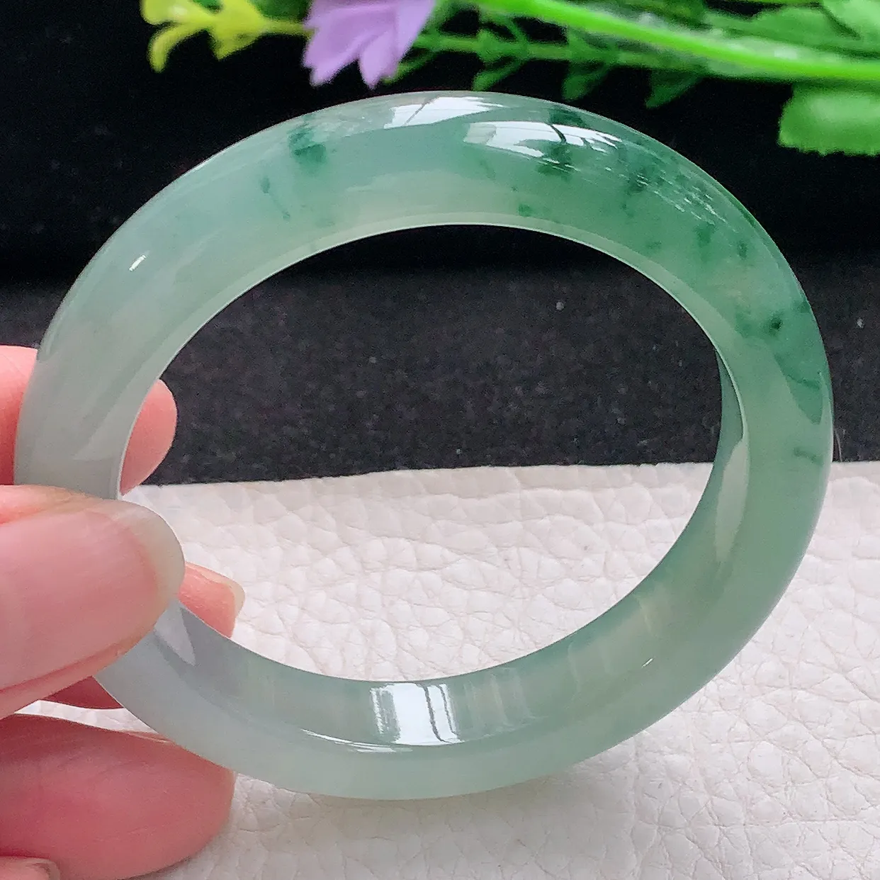 r小圈口55.5*11*8.5平安镯 翡翠a货玉手镯冰飘花宽边珠宝玉手环