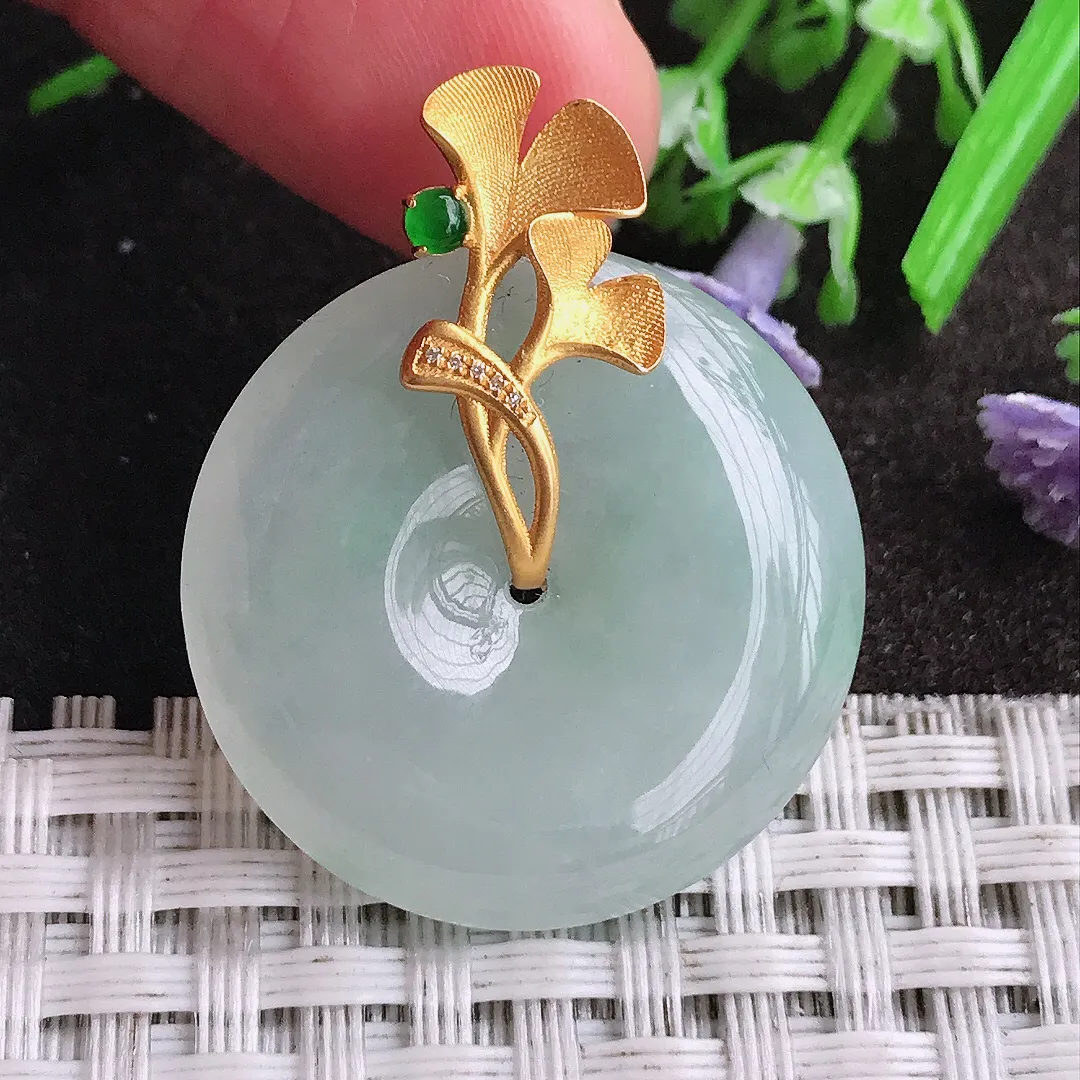 天然A货翡翠26.9/5.8老坑18k金镶嵌冰胶水灵平安扣吊坠翡翠玉扣挂件