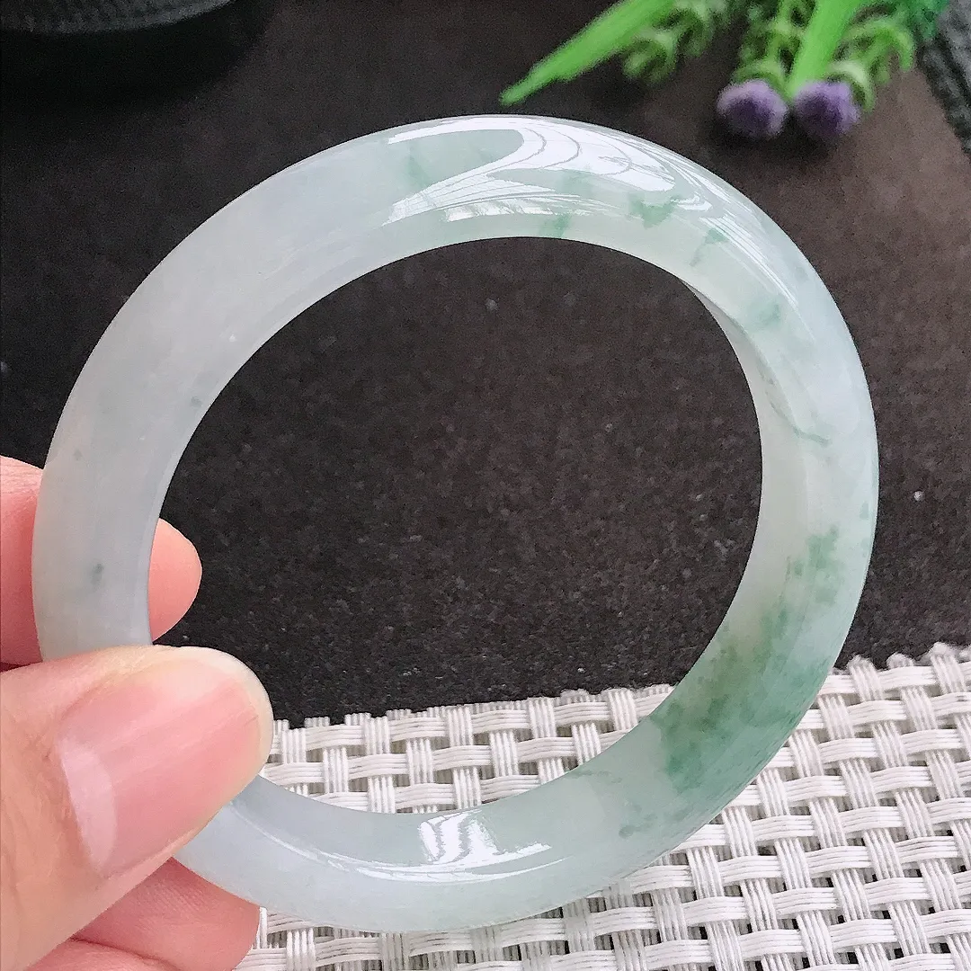 天然A货翡翠55.5/11.1/8.4老坑冰胶果冻飘花手镯宽边玉镯