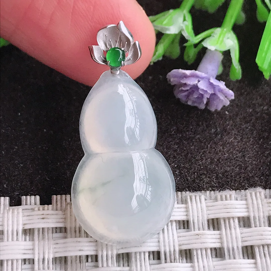 天然A货翡翠22.5/13.9/7老坑18k金镶嵌冰种起光葫芦吊坠翡翠挂件