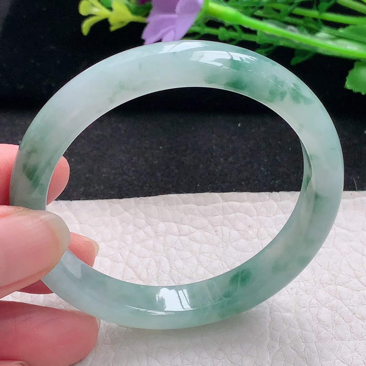 n自然光54*10.3*7.3平安镯 翡翠a货玉手镯冰飘花秀气宽边珠宝玉手环