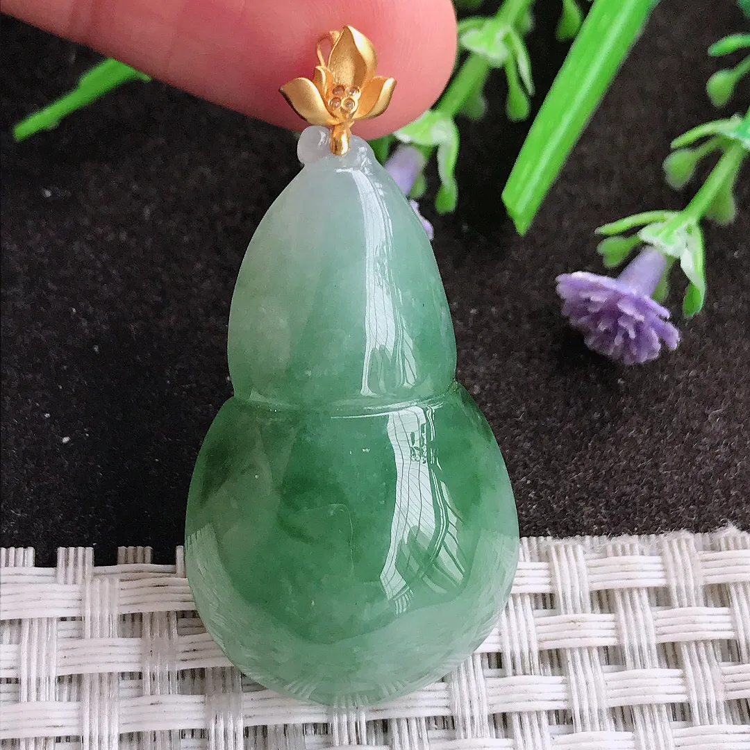 天然A货翡翠38.3/23/9老坑18k金镶嵌冰润飘花葫芦吊坠翡翠挂件