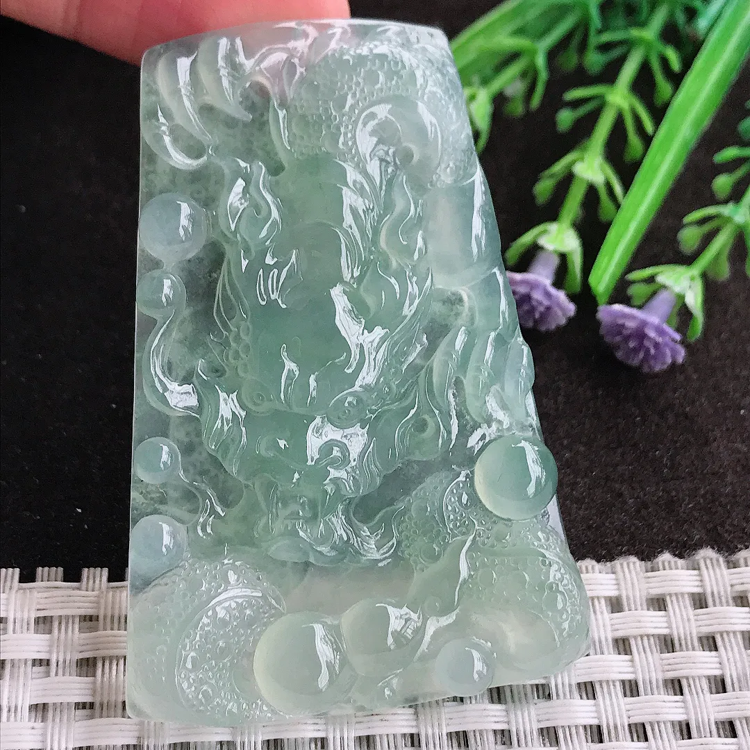 天然A货翡翠62.3/42.5/6老坑冰种果冻胶冰晴绿霸气龙牌吊坠翡翠挂件