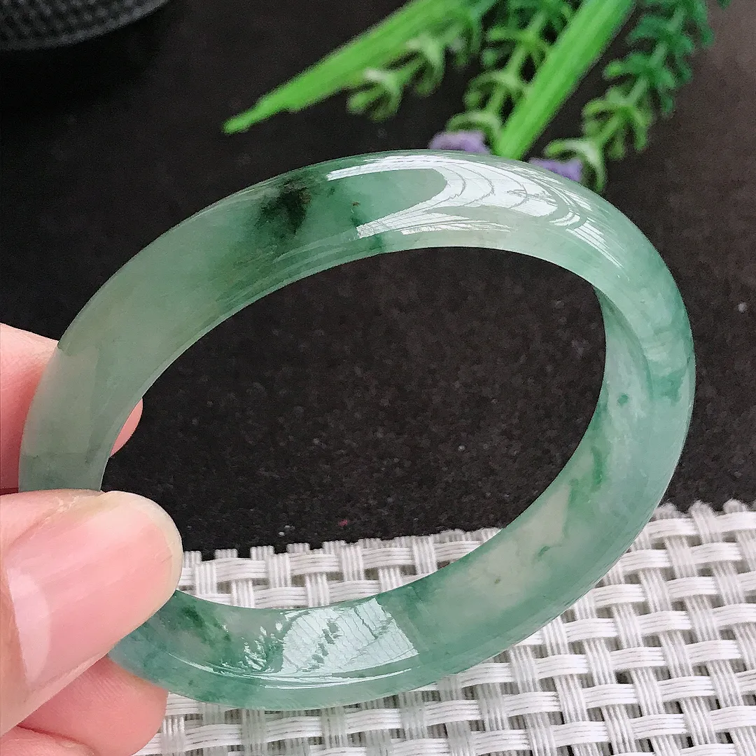 天然A货翡翠53/46/12.4/6.6老坑冰透果冻胶冰飘花贵妃手镯宽边玉镯