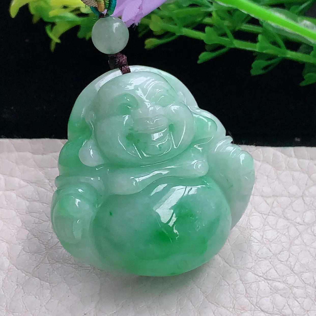 zen自然光38*38*11缅甸翡翠a货饱满飘绿佛公 弥勒佛玉吊坠 玉挂件