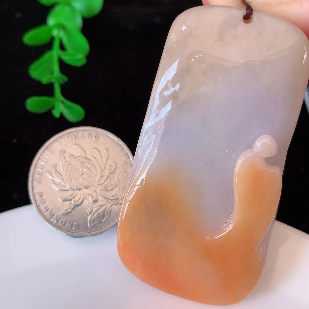 自然光实拍，特色黄翡双彩翡翠悟道吊坠。悟道寓意“祥和，安宁，吉祥，幸福”，质地相当细腻，意境化设计雕刻，取道法自然、天人合一之意，很有意思的一件精品悟道，推荐入手，个性之选。#60.7