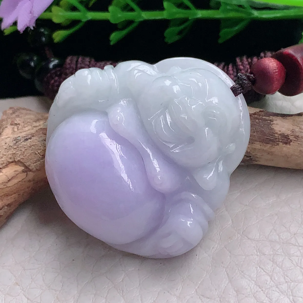 zen自然光36*35.5*12缅甸翡翠a货饱满紫罗兰佛公 弥勒佛玉吊坠 玉挂件