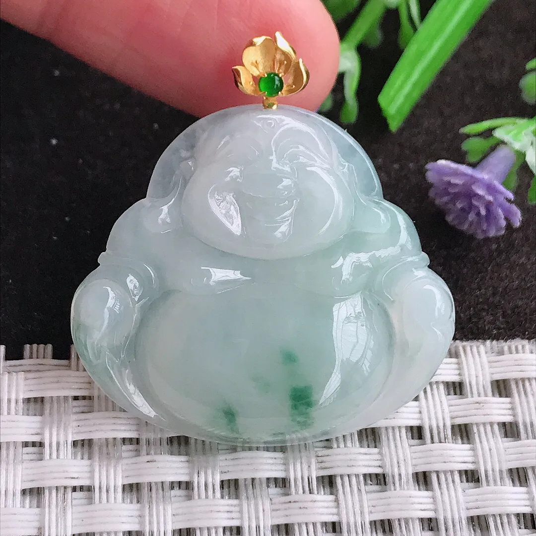 天然A货翡翠29.5/33/5.8老坑18k金镶嵌秀气冰润飘花佛公吊坠翡翠玉佛挂件