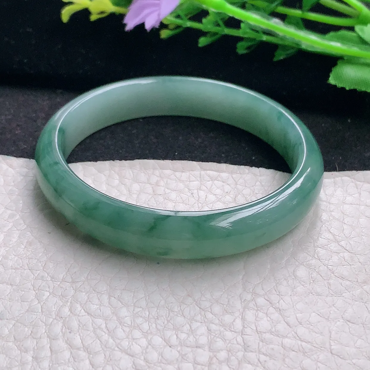 n自然光55*11.2*7.3平安镯 翡翠a货玉手镯冰飘花宽边珠宝玉手环