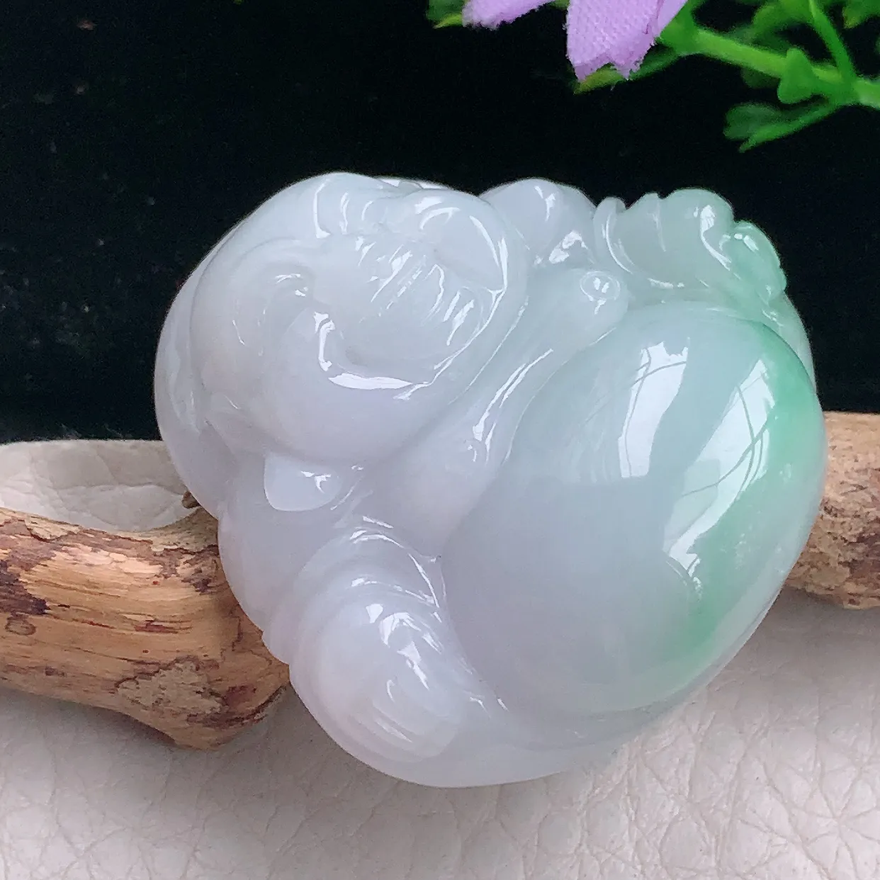 zen自然光38*39.8*12.3缅甸翡翠a货饱满飘花佛公 弥勒佛玉吊坠 玉挂件