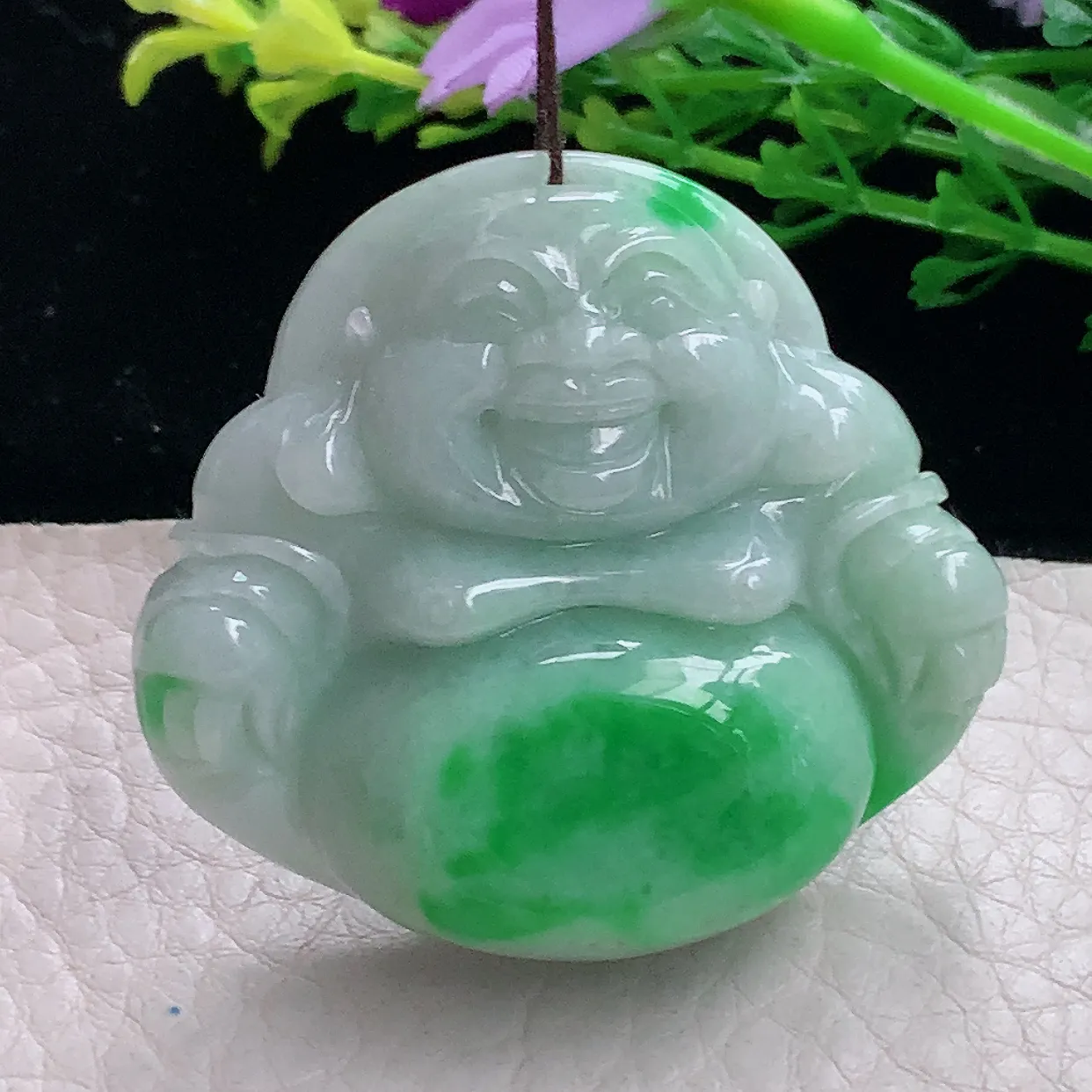 zen自然光41*46*12.5缅甸翡翠a货饱满辣绿佛公 弥勒佛玉吊坠 玉挂件