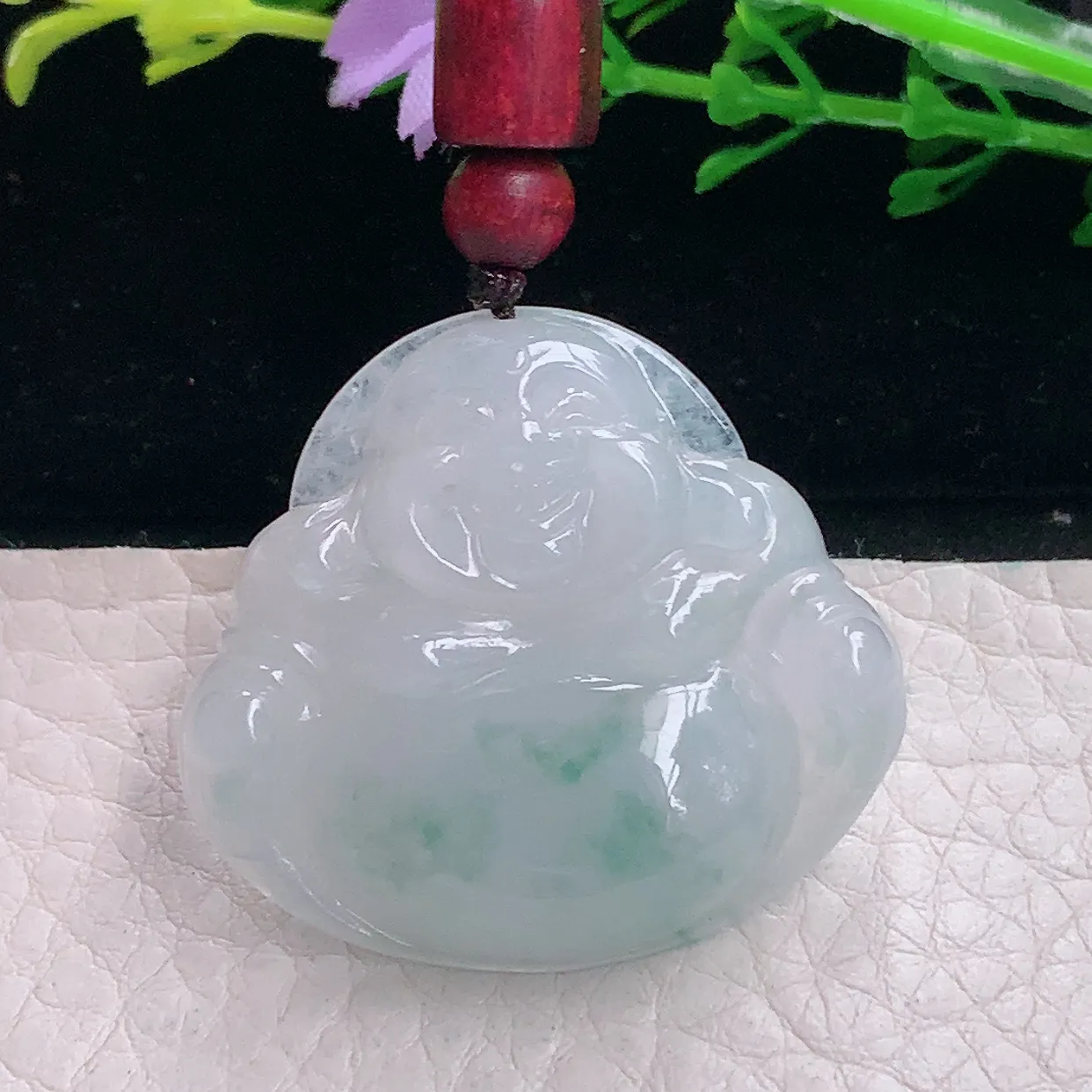 zen自然光31.3*35.8*6.6缅甸翡翠a货饱满冰飘花佛公 弥勒佛玉吊坠 玉挂件