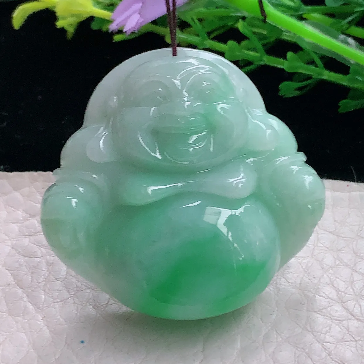 zen自然光40.5*43.6*12缅甸翡翠a货饱满飘绿佛公 开心佛玉吊坠 玉挂件