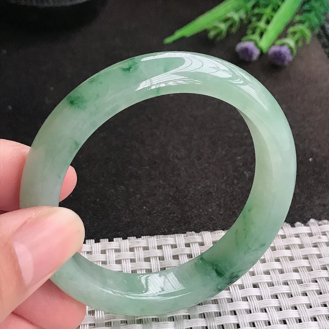 天然A货翡翠53/12.1/8.4老坑冰润起胶冰晴飘花手镯宽边玉镯