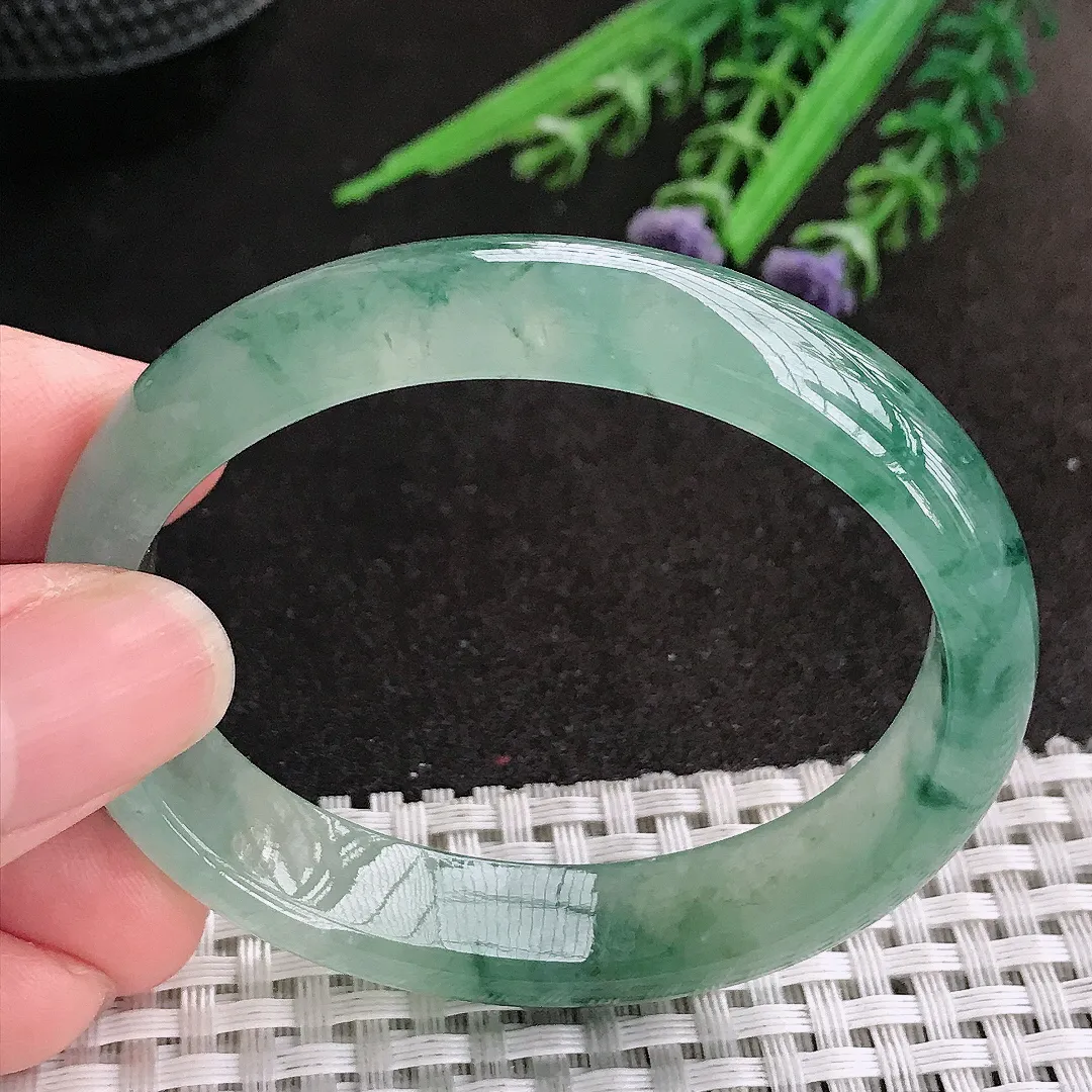 天然A货翡翠53/46/12.4/6.6老坑冰透果冻胶冰飘花贵妃手镯宽边玉镯