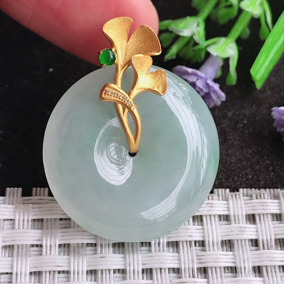 天然A货翡翠26.9/5.8老坑18k金镶嵌冰胶水灵平安扣吊坠翡翠玉扣挂件