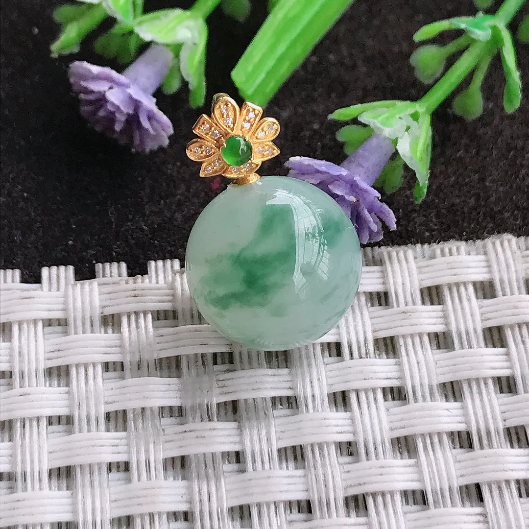 天然A货翡翠直径13.1老坑18k金镶嵌冰润飘花圆珠吊坠翡翠挂件