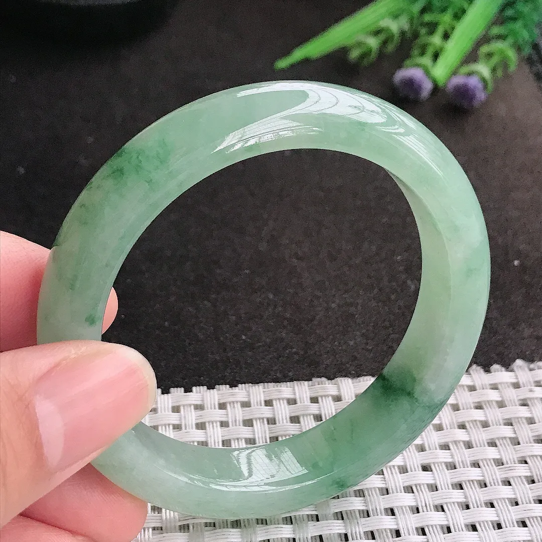 天然A货翡翠53/12.1/8.4老坑冰润起胶冰晴飘花手镯宽边玉镯