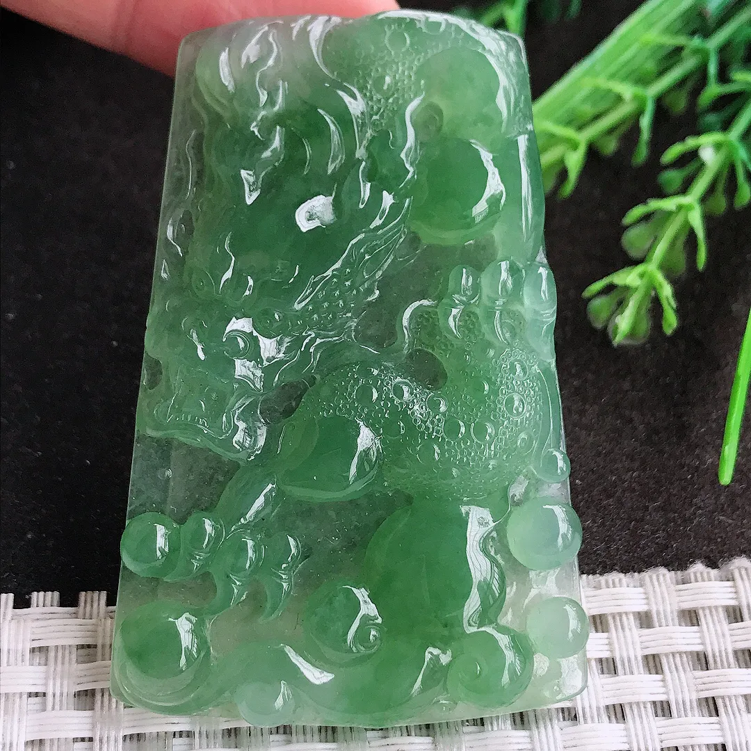 天然A货翡翠61/40.7/5.9老坑冰胶果冻冰晴满绿龙牌吊坠翡翠挂件