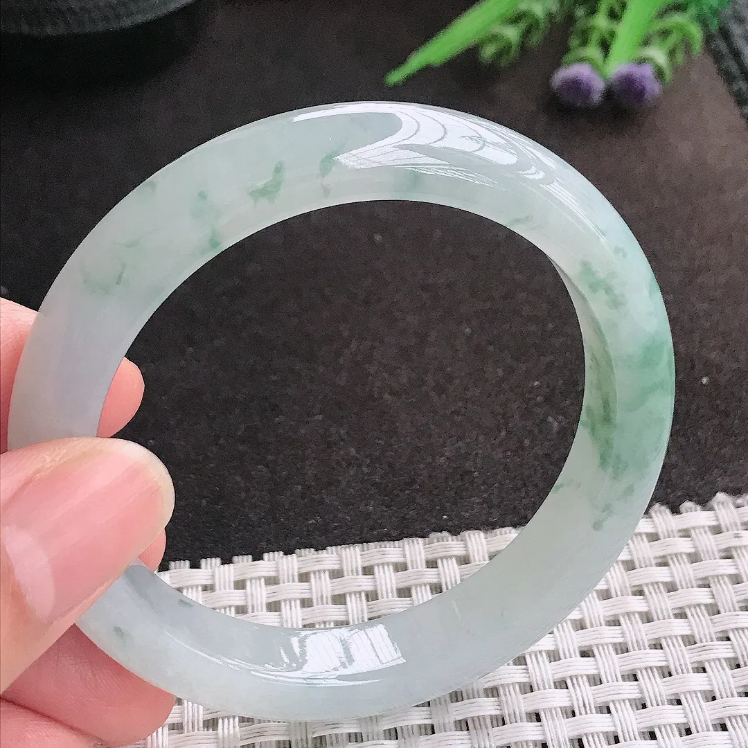 天然A货翡翠55.5/11.1/8.4老坑冰胶果冻飘花手镯宽边玉镯